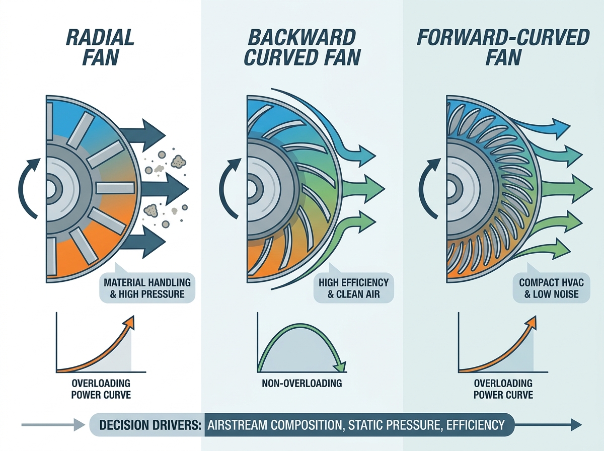 Centrifugal fan types comparison showing blade curvature profiles